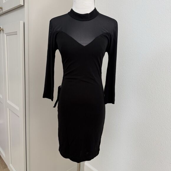VTG NWT Bebe Long Sleeve Mock Neck Mesh Bodycon Dress Y2K 90s Black LBD Sz XS - Picture 1 of 8